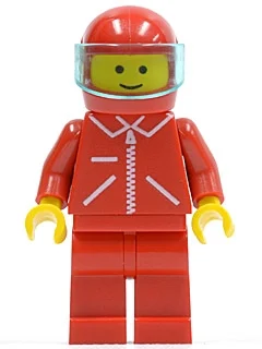 Homme, veste rouge avec fermeture éclair et poches, casque rouge avec visière (Man, Red Jacket with Zipper and Pockets, Red Helmet with Visor)