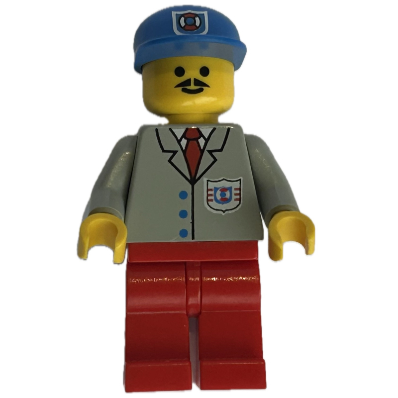 Garde-côte, chemise gris clair avec cravate rouge et badge, casquette bleue avec badge, moustache (Coast Guard, Light Gray Shirt with Red Tie and Badge, Blue Cap with Badge, Moustache)