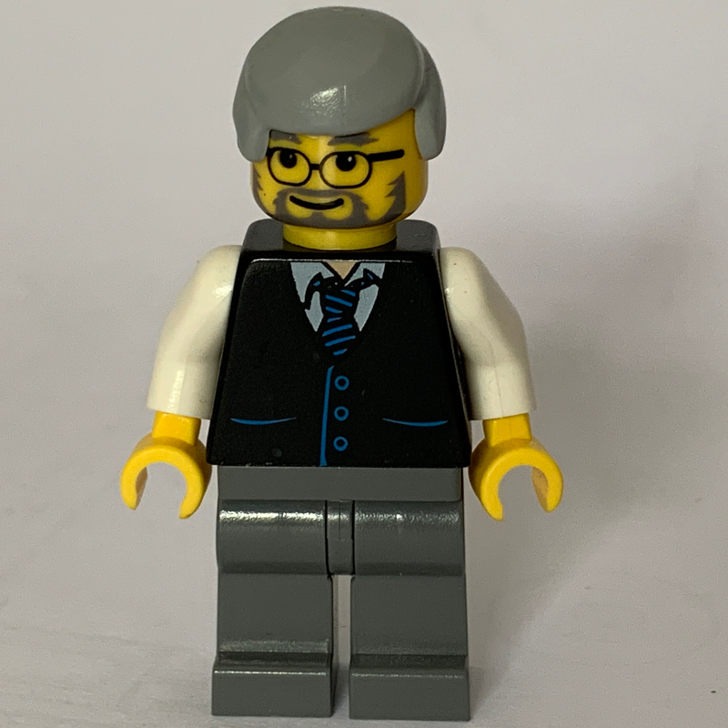 Homme, gilet noir sur chemise blanche avec cravate, jambes gris bleuté foncé, cheveux gris bleuté clair, barbe et lunettes (Man, Black Vest over White Shirt with Tie, Dark Bluish Gray Legs, Light Bluish Gray Hair, Beard and Glasses)