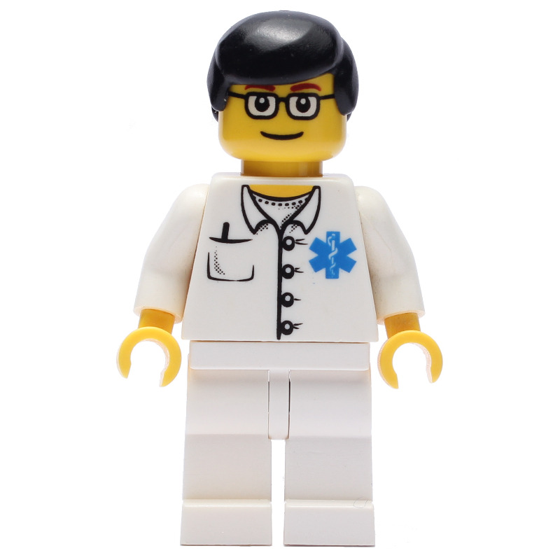Médecin, chemise blanche avec logo étoile de la vie, cheveux noirs, lunettes (Doctor, White Shirt with Star of Life Logo, Black Hair, Glasses)