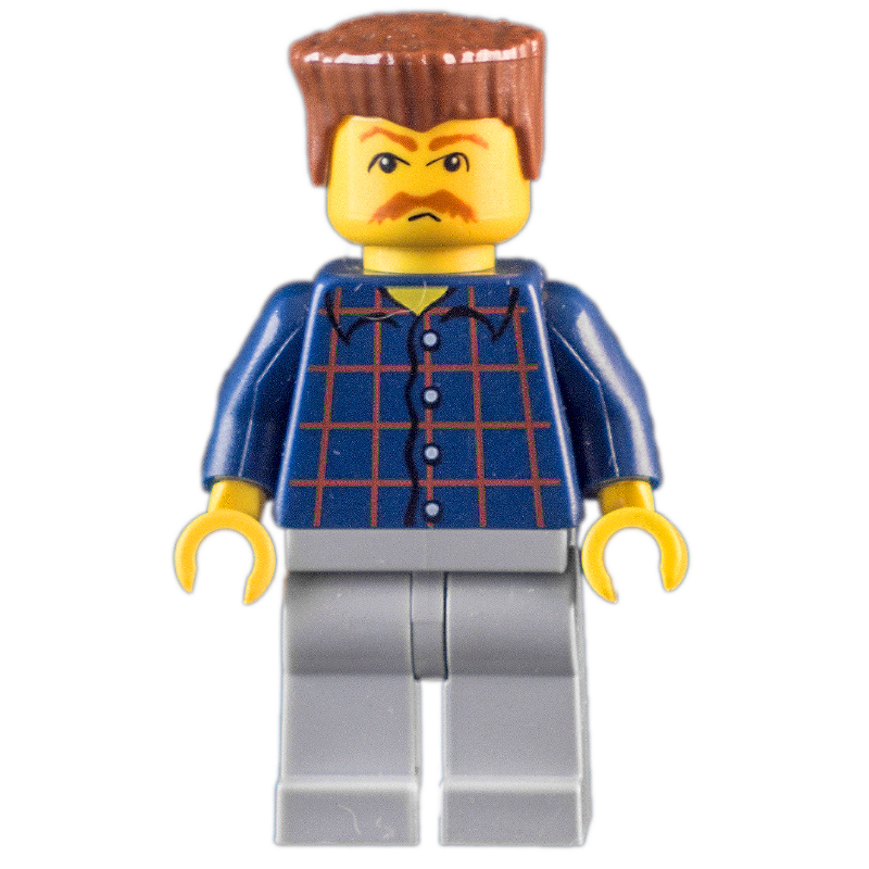 Homme, chemise à carreaux bleu foncé, jambes gris bleuté clair, cheveux brun rougeâtre, moustache (Man, Dark Blue Plaid Shirt, Light Bluish Gray Legs, Reddish Brown Hair, Moustache)