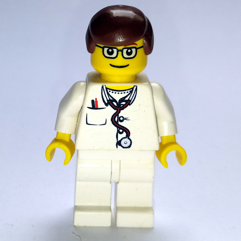 Médecin, torse blanc avec stéthoscope et poche, jambes blanches, cheveux brun rougeâtre, lunettes (Doctor, White Torso with Stethoscope and Pocket, White Legs, Reddish Brown Hair, Glasses)