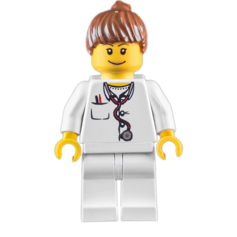 Médecin, femme, torse blanc avec stéthoscope et poche, jambes blanches, queue de cheval brun rougeâtre (Doctor, Woman, White Torso with Stethoscope and Pocket, White Legs, Reddish Brown Ponytail)