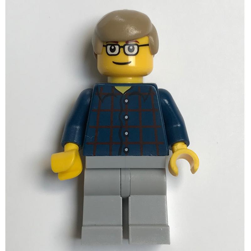 Homme, chemise à carreaux bleu foncé, jambes gris bleuté clair, cheveux beige foncé, lunettes (Man, Dark Blue Plaid Shirt, Light Bluish Gray Legs, Dark Tan Hair, Glasses)