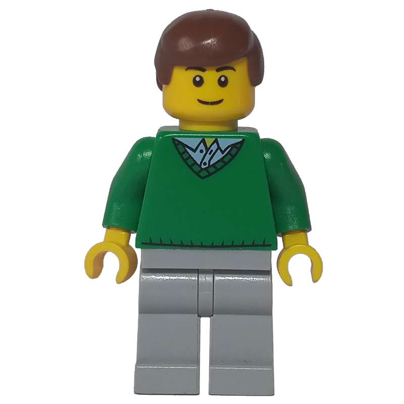 Homme, chandail vert à col en V, jambes gris bleuté clair, cheveux brun rougeâtre (Man, Green V-Neck Sweater, Light Bluish Gray Legs, Reddish Brown Hair)