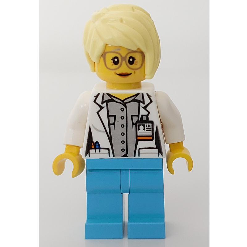 Médecin vison, femme, veste blanche ouverte sur chemise gris bleuté clair avec poches et badge id, cheveux jaune clair vif, lunettes (Doctor Mink, Woman, Open White Jacket over Light Bluish Gray Shirt with Pockets and ID Badge, Bright Light Yellow Hair, Glasses)