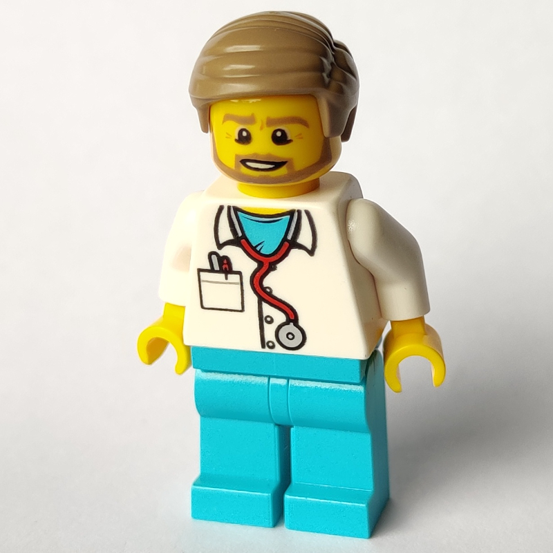Médecin tuck, chemise blanche sur gommages azur moyen avec stéthoscope et poche, cheveux brun foncé, barbe (Doctor Tuck, White Shirt over Medium Azure Scrubs with Stethoscope and Pocket, Dark Tan Hair, Beard)