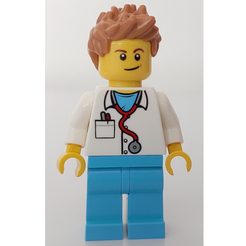 Médecin mack, chemise blanche sur gommages azur moyen avec stéthoscope et poche, cheveux nougat moyen (Doctor Mack, White Shirt over Medium Azure Scrubs with Stethoscope and Pocket, Medium Nougat Hair)