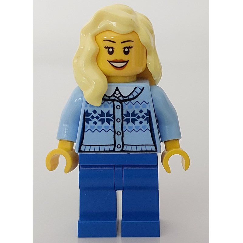 Femme, cardigan bleu clair vif, jambes bleues, cheveux jaune clair vif (Woman, Bright Light Blue Cardigan, Blue Legs, Bright Light Yellow Hair)