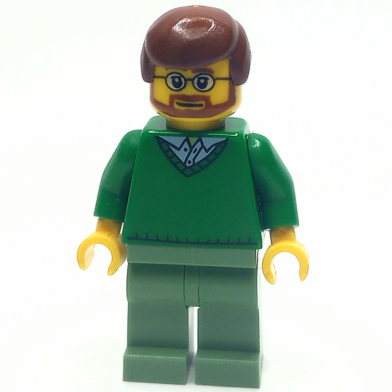 Homme, chandail vert à col en V, jambes vert sable, cheveux brun rougeâtre, barbe et lunettes (Man, Green V-Neck Sweater, Sand Green Legs, Reddish Brown Hair, Beard and Glasses)