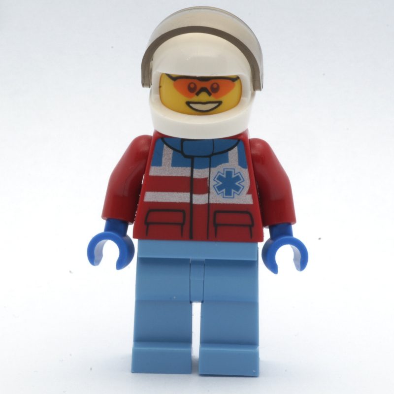 Secouriste, veste rouge avec étoile de vie, casque blanc avec visière, lunettes de soleil orange (Paramedic, Red Jacket with Star of Life, White Helmet with Visor, Orange Sunglasses)