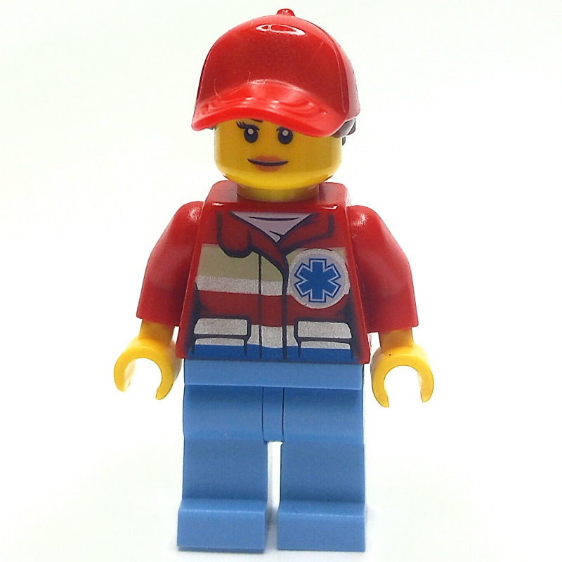 Secouriste, femme, veste rouge avec étoile de vie, casquette rouge avec cheveux (Paramedic, Woman, Red Jacket with Star of Life, Red Cap with Hair)