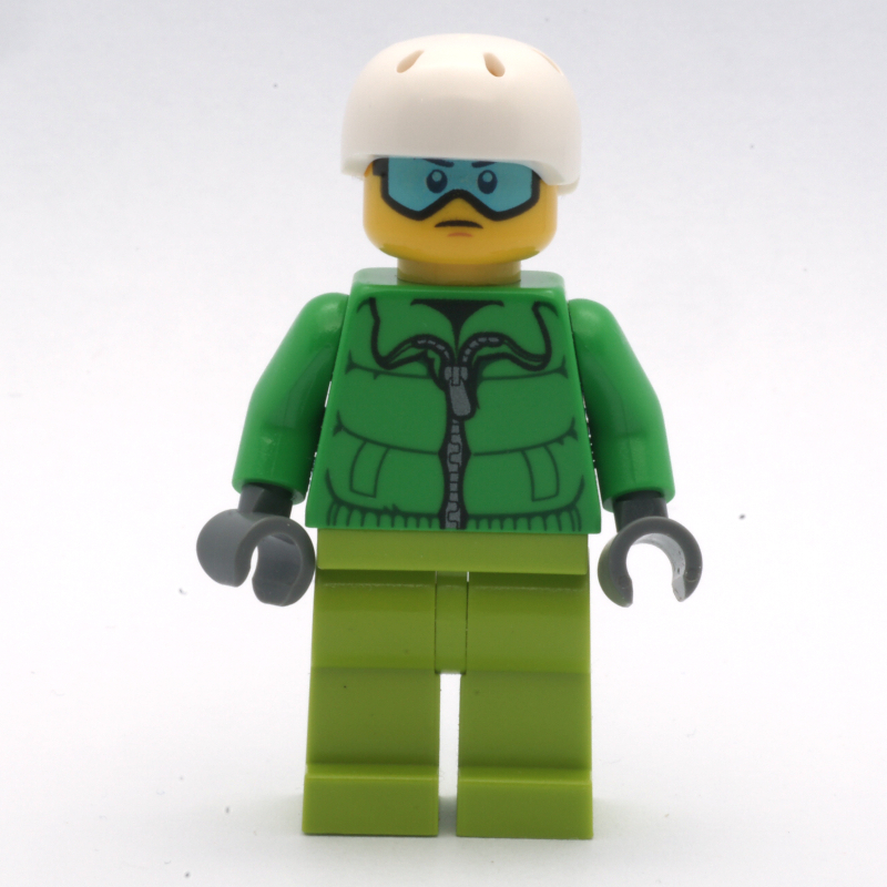 Homme, veste verte, jambes vert citron, casque blanc, lunettes bleues (Man, Green Jacket, Lime Legs, White Helmet, Blue Goggles)