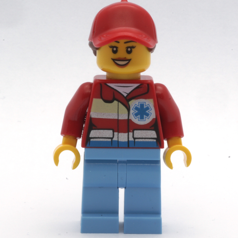 Secouriste, femme, veste rouge avec étoile de vie, casquette rouge avec cheveux, bouche ouverte (Paramedic, Woman, Red Jacket with Star of Life, Red Cap with Hair, Open Mouth)
