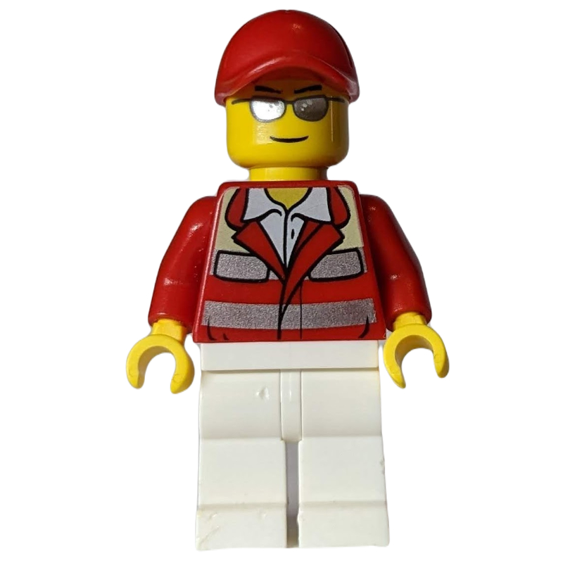 Paramédic, veste rouge, jambes blanches, casquette rouge, lunettes de soleil argentées (Paramedic, Red Jacket, White Legs, Red Cap, Silver Sunglasses)