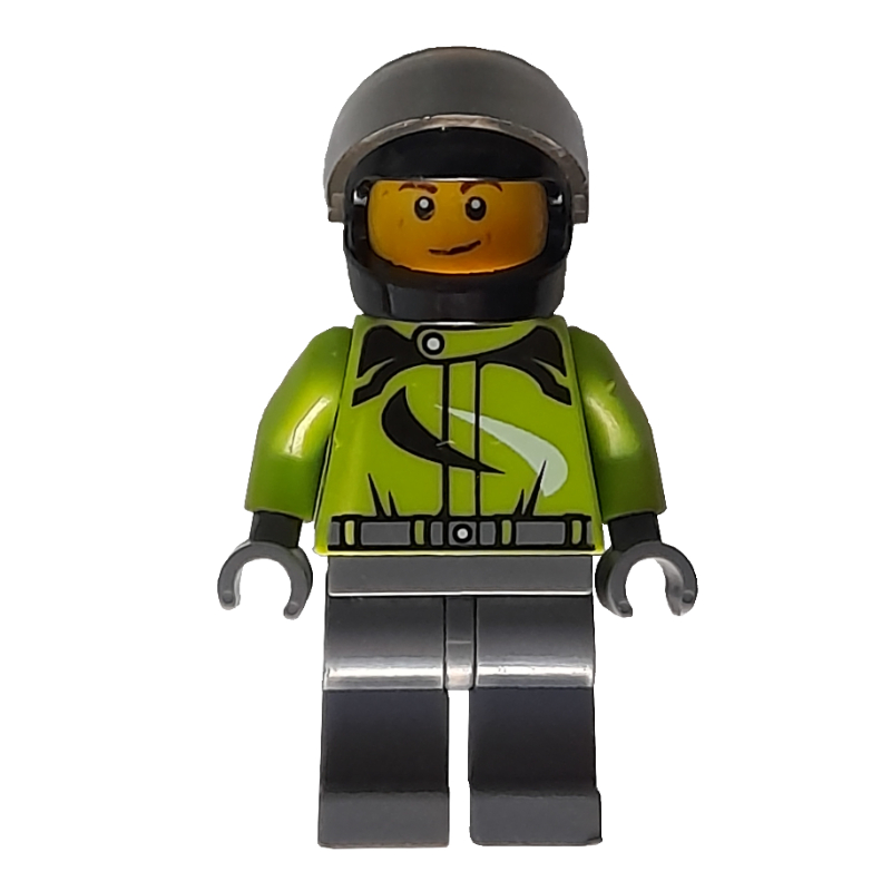Pilote de course, veste vert citron, jambes gris bleuté foncé, casque noir avec visière (Racer, Lime Jacket, Dark Bluish Gray Legs, Black Helmet with Visor)