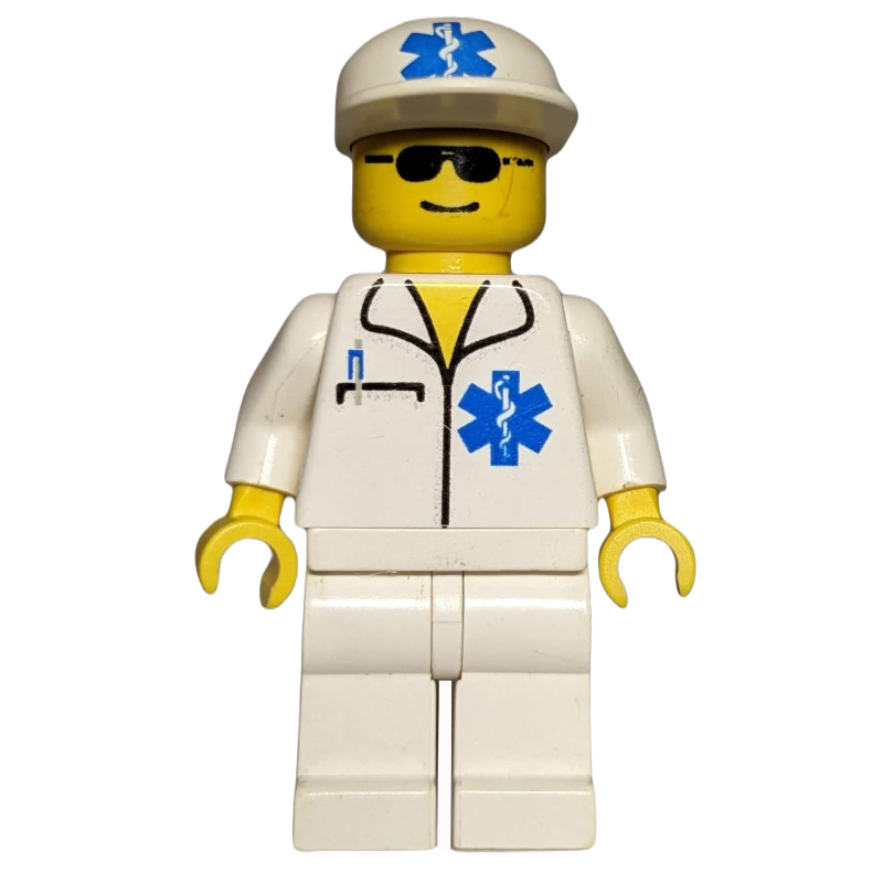 Axel - médecin, chemise blanche avec poche et étoile de la vie, casquette blanche avec étoile de la vie, lunettes de soleil (Axel - Doctor, White Shirt with Pocket and Star of Life, White Cap with Star of Life, Sunglasses)