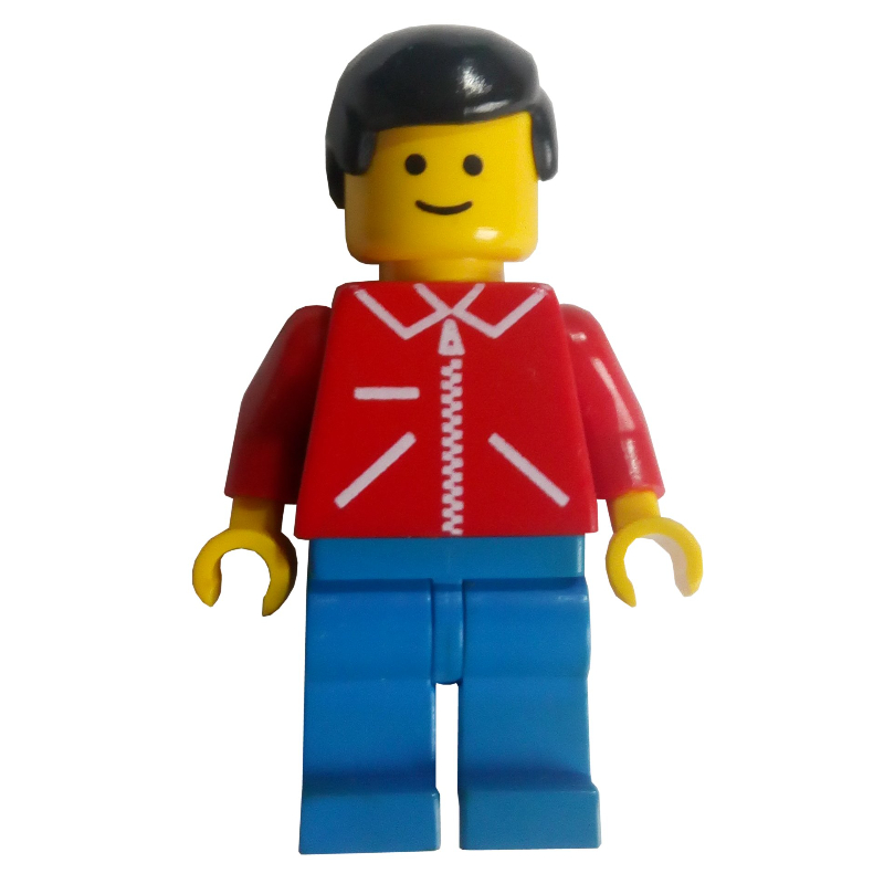 Homme, veste rouge avec fermeture à glissière, jambes bleues, cheveux noirs (Man, Red Jacket with Zipper, Blue Legs, Black Hair)