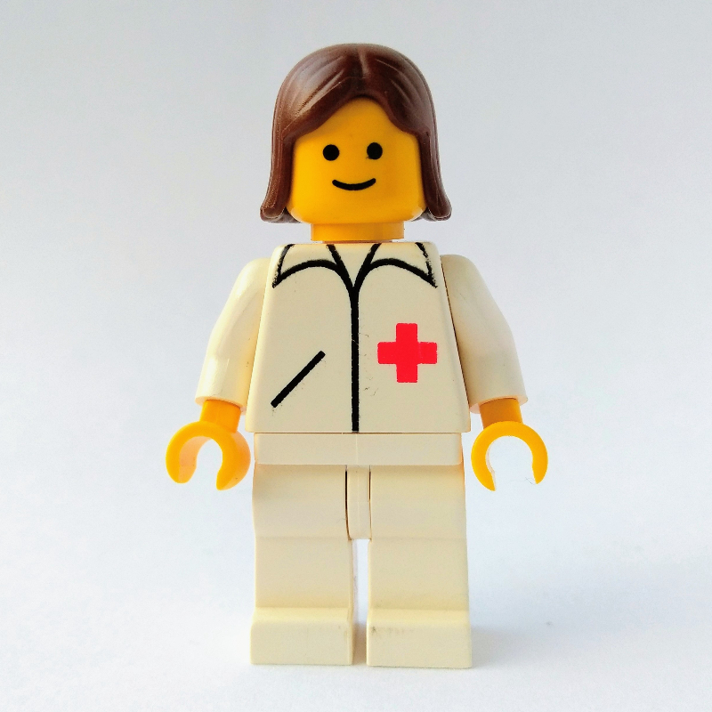 Médecin, femme, veste blanche avec croix rouge, jambes blanches, cheveux bruns (Doctor, Woman, White Jacket with Red Cross, White Legs, Brown Hair)