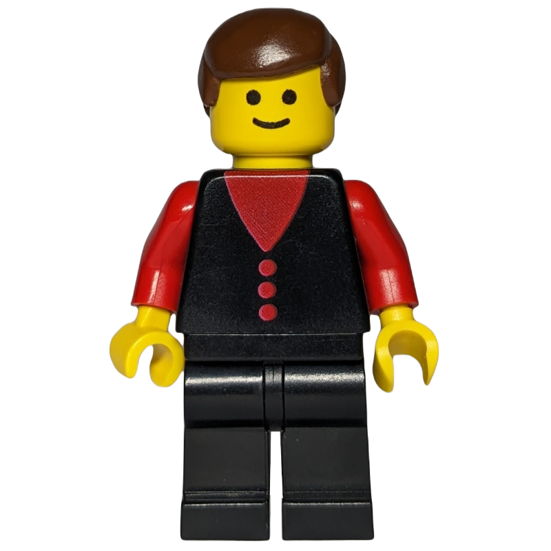 Homme, gilet noir sur chemise rouge, jambes noires, cheveux bruns (Man, Black Vest over Red Shirt, Black Legs, Brown Hair)
