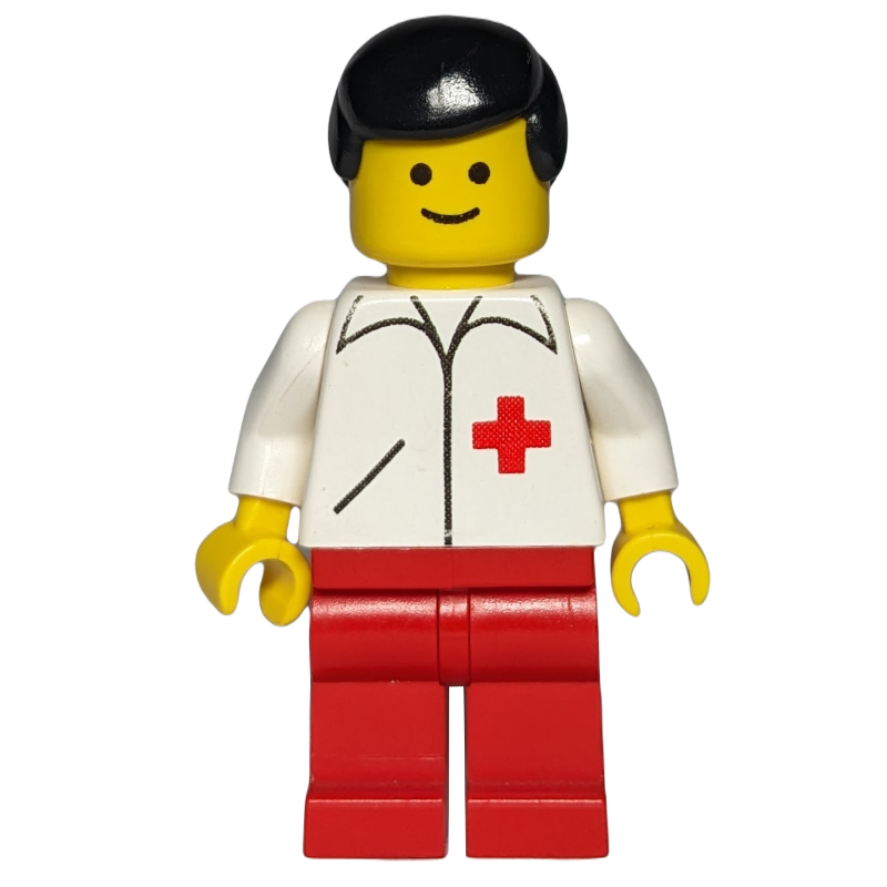 Médecin, veste blanche avec croix rouge, jambes rouges, cheveux noirs (Doctor, White Jacket with Red Cross, Red Legs, Black Hair)
