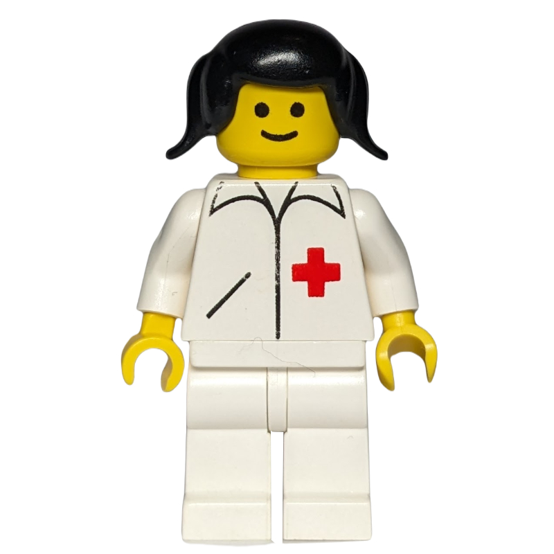 Médecin, femme, veste blanche avec croix rouge, jambes blanches, couettes noires (Doctor, Woman, White Jacket with Red Cross, White Legs, Black Pigtails)