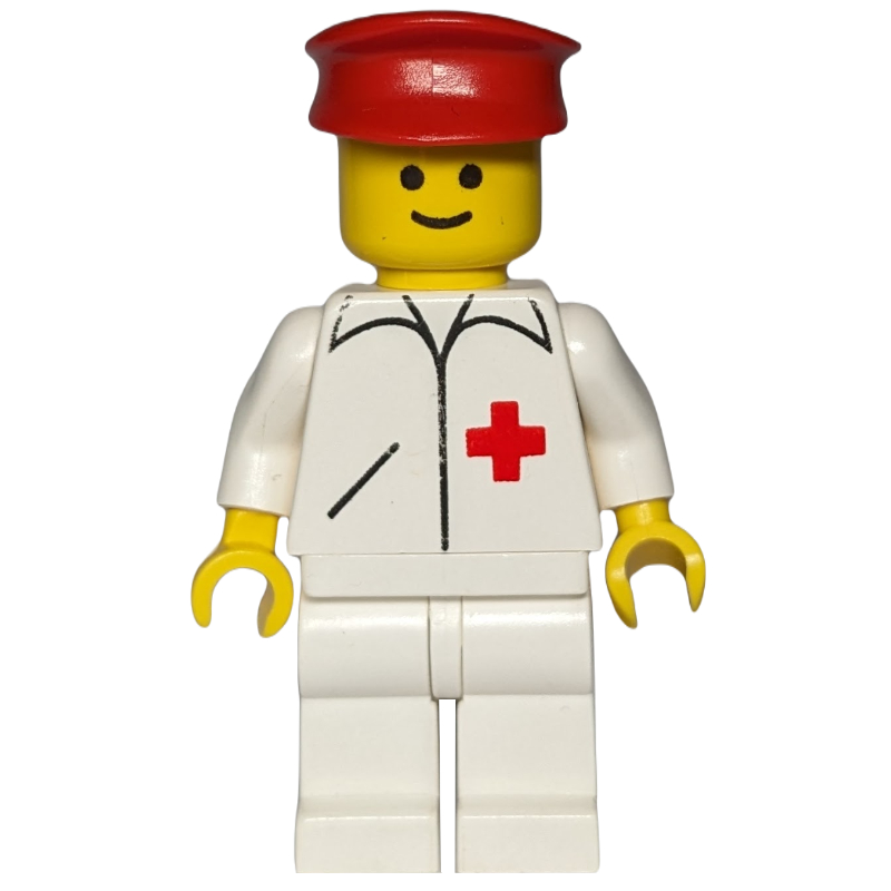 Médecin, veste blanche avec croix rouge, jambes blanches, chapeau rouge (Doctor, White Jacket with Red Cross, White Legs, Red Hat)