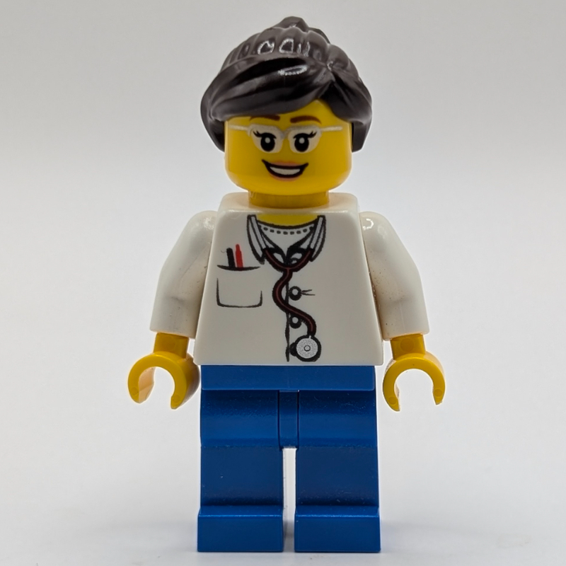 Médecin, femme, chemise blanche avec poche et stéthoscope, jambes bleues, cheveux brun foncé, lunettes (Doctor, Woman, White Shirt with Pocket and Stethoscope, Blue Legs, Dark Brown Hair, Glasses)