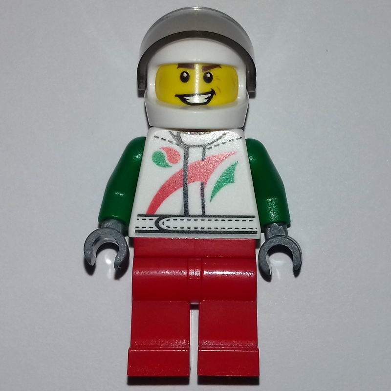 Pilote de course, veste blanche et verte avec logo Octan, jambes rouges, casque blanc avec visière transparent-brun (Racer, White and Green Jacket with Octan Logo, Red Legs, White Helmet with Trans-Brown  Visor)