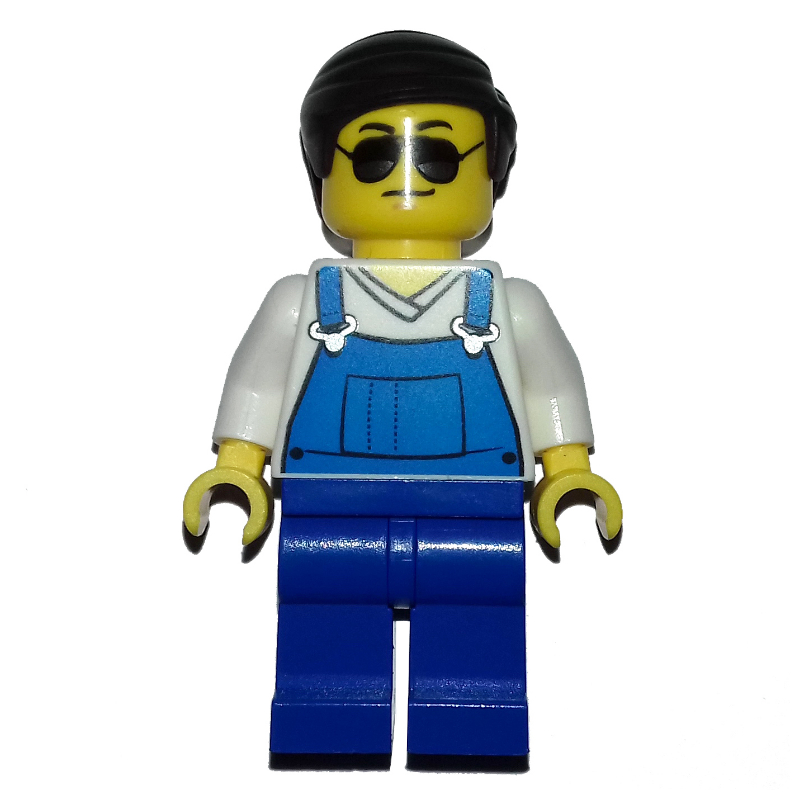 Homme, salopette bleue sur chemise blanche à col en V, cheveux brun foncé, lunettes de soleil (Man, Blue Overalls over White V-Neck Shirt, Dark Brown Hair, Sunglasses)