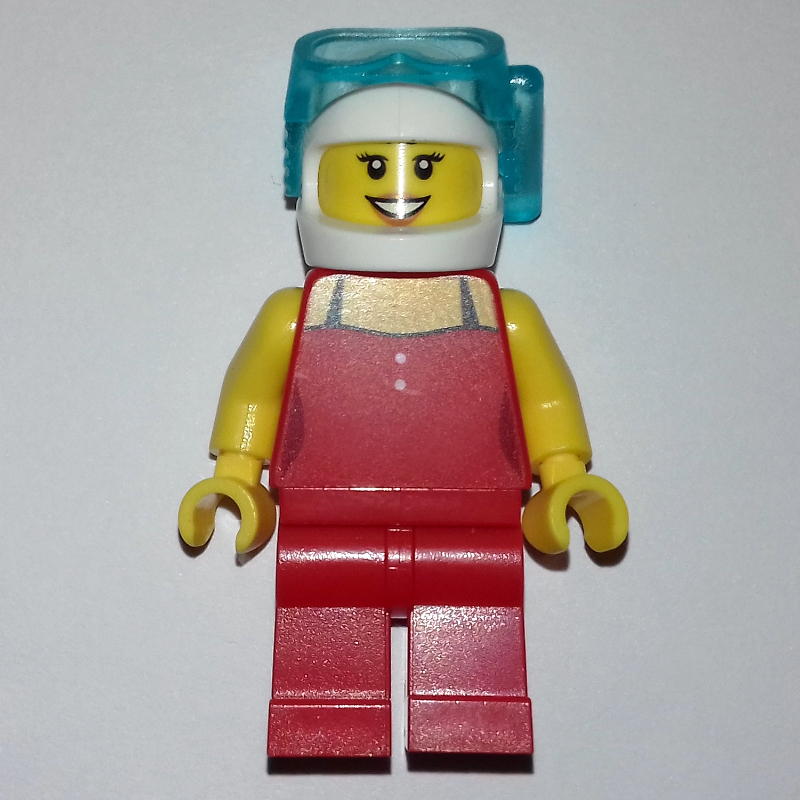 Femme, maillot de bain rouge, casque blanc avec masque de plongeur (Woman, Red Swimsuit, White Helmet with Divers Mask)