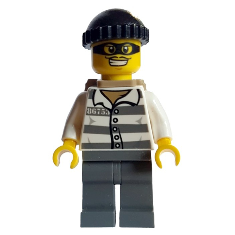 Criminel, chemise de prison avec #86753, jambes gris bleuté foncé, chapeau noir, sac à dos, masque oculaire noir (Criminal, Prison Shirt with #86753, Dark Bluish Gray Legs, Black Hat, Backpack, Black Eyemask)