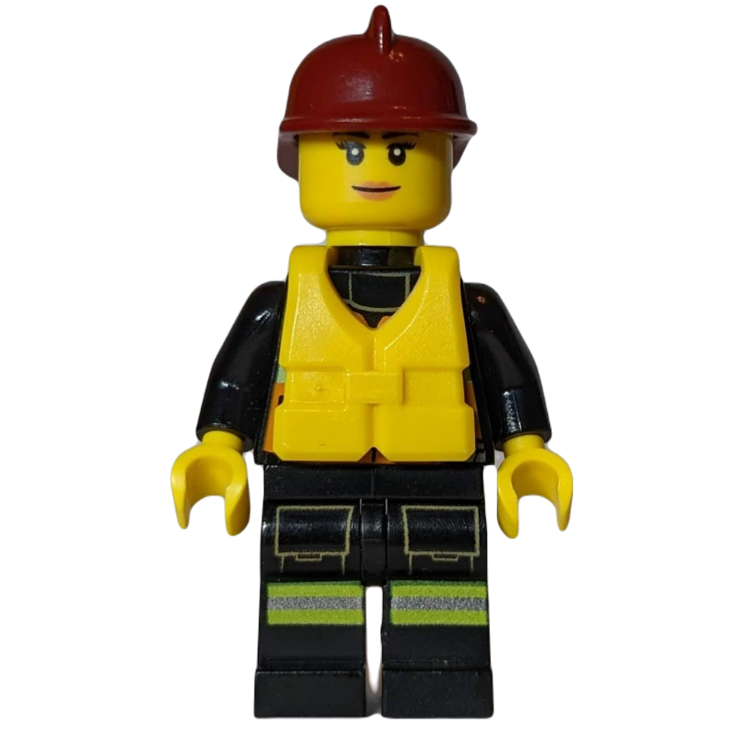 Firewoman, gilet de sécurité orange avec radio, casque rouge, gilet de sauvetage jaune (Firewoman, Orange Safety Vest with Radio, Red Helmet, Yellow Life Vest)
