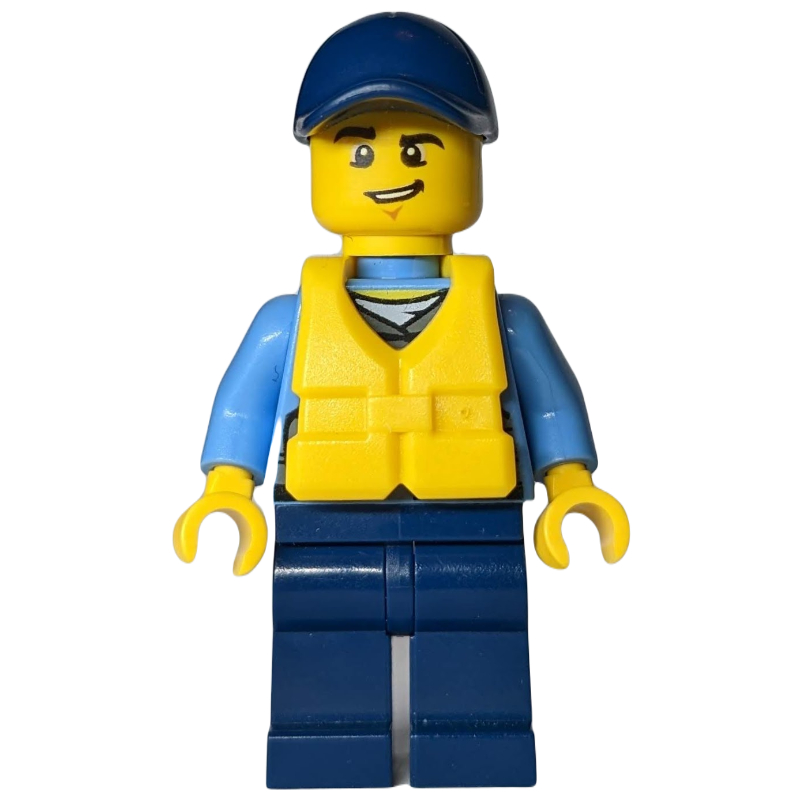 Policier, gilet gris bleuté foncé avec radio, badge et pochettes sur chemise bleu moyen, casquette bleu foncé, gilet de sauvetage jaune (Policeman, Dark Bluish Gray Vest with Radio, Badge and Pouches over Medium Blue Shirt, Dark Blue Cap, Yellow Life Vest)