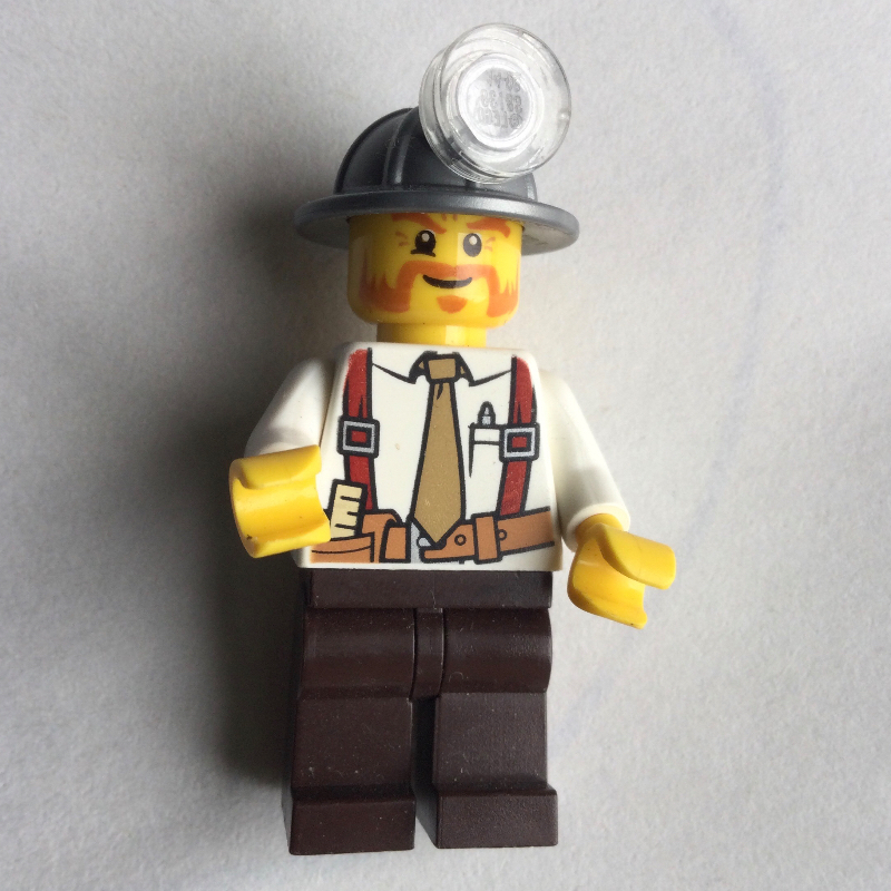 Mineur, chemise blanche avec cravate et bretelles, chapeau minier, favoris épais et moustache (Miner, White Shirt with Tie and Suspenders, Mining Hat, Mutton Chops and Moustache)