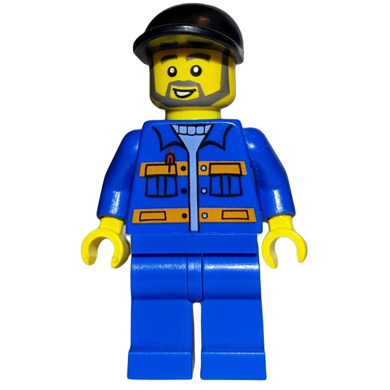 Ouvrier de chantier, veste bleue avec rayures orange, jambes bleues, casquette noire, barbe (Construction Worker, Blue Jacket with Orange Stripes, Blue Legs, Black Cap, Beard)