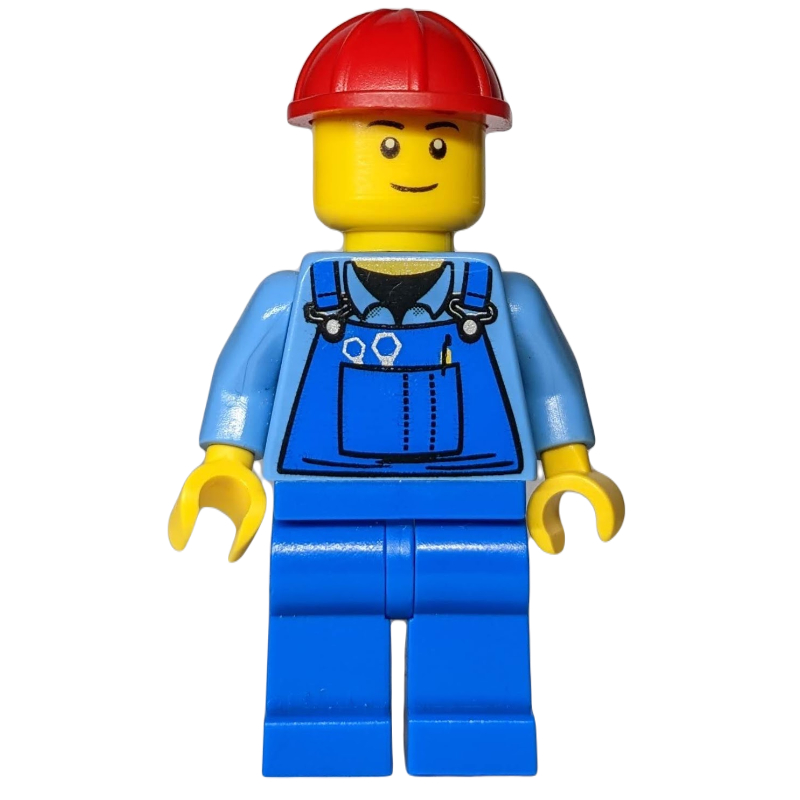 Ouvrier de chantier, salopette bleue sur chemise bleu moyen, casque de chantier rouge (Construction Worker, Blue Overalls over Medium Blue Shirt, Red Hard Hat)
