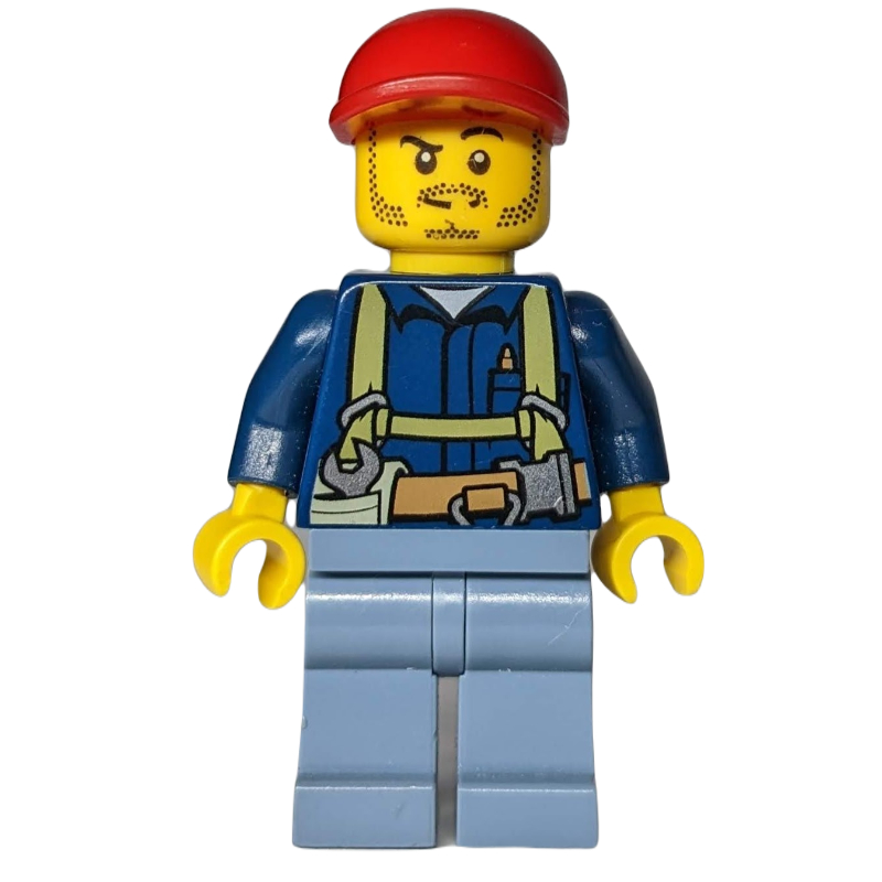 Mineur, chemise bleu foncé avec harnais, casquette rouge, barbe naissante (Miner, Dark Blue Shirt with Harness, Red Cap, Stubble)