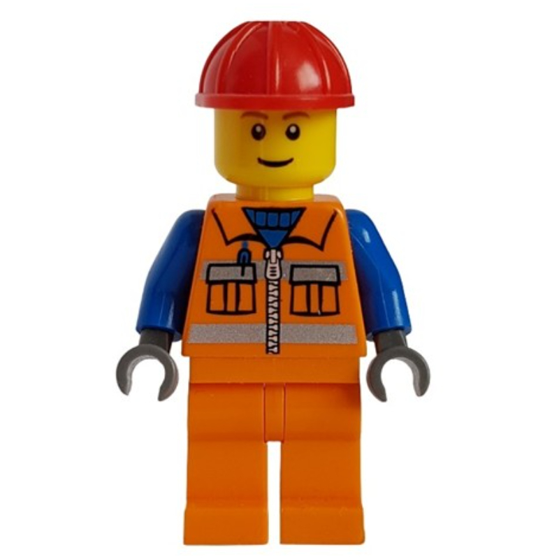 Travailleur de la construction, gilet de sécurité orange avec fermeture éclair et poches, jambes orange, casque de chantier rouge (Construction Worker, Orange Safety Vest with Zipper and Pockets, Orange Legs, Red Hard Hat)