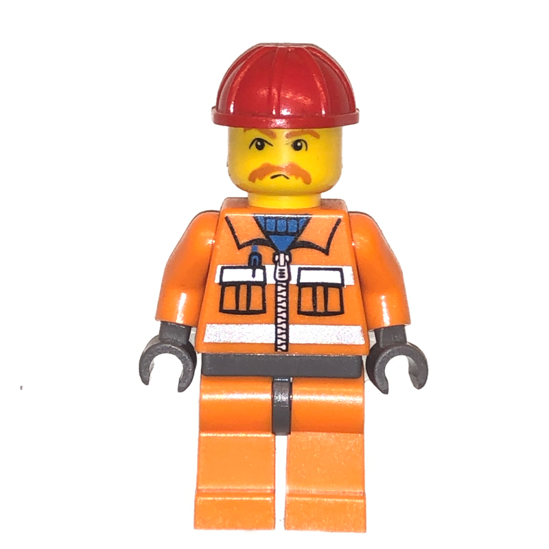 Travailleur de la construction, veste orange avec fermeture à glissière et rayures réfléchissantes, jambes orange, casque de chantier rouge, moustache (Construction Worker, Orange Jacket with Zipper and Reflective Stripes, Orange Legs, Red Hard Hat, Moustache)
