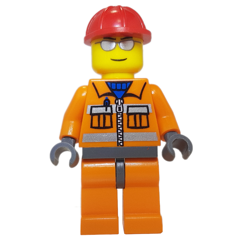 Ouvrier de chantier, veste orange avec fermeture à glissière et rayures réfléchissantes, jambes orange, casque de chantier rouge, lunettes de soleil argentées (Construction Worker, Orange Jacket with Zipper and Reflective Stripes, Orange Legs, Red Hard Hat, Silver Sunglasses)