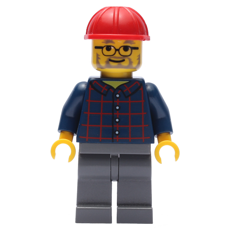 Homme, chemise à carreaux bleu foncé, jambes gris bleuté foncé, casque de chantier rouge, barbe et lunettes (Man, Dark Blue Plaid Shirt, Dark Bluish Gray Legs, Red Hard Hat, Beard and Glasses)