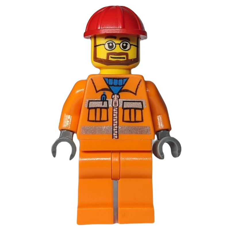 Ouvrier de chantier, veste orange avec fermeture à glissière et bandes réfléchissantes, jambes orange, casque de chantier rouge, barbe et lunettes (Construction Worker, Orange Jacket with Zipper and Reflective Stripes, Orange Legs, Red Hard Hat, Beard and Glasses)