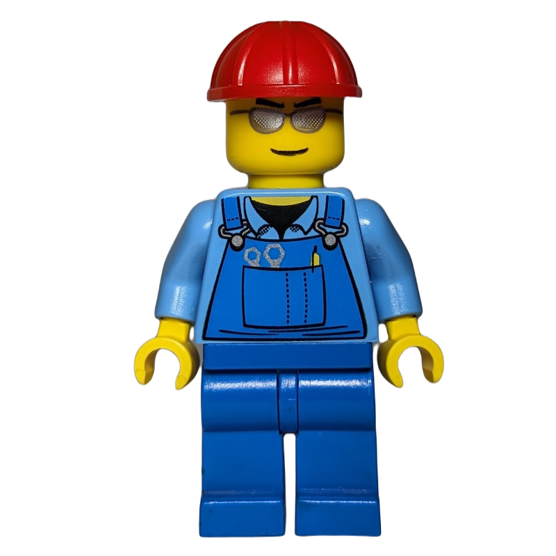 Ouvrier de chantier, salopette bleue sur chemise bleu moyen, casque de chantier rouge, lunettes de soleil argentées (Construction Worker, Blue Overalls over Medium Blue Shirt, Red Hard Hat, Silver Sunglasses)