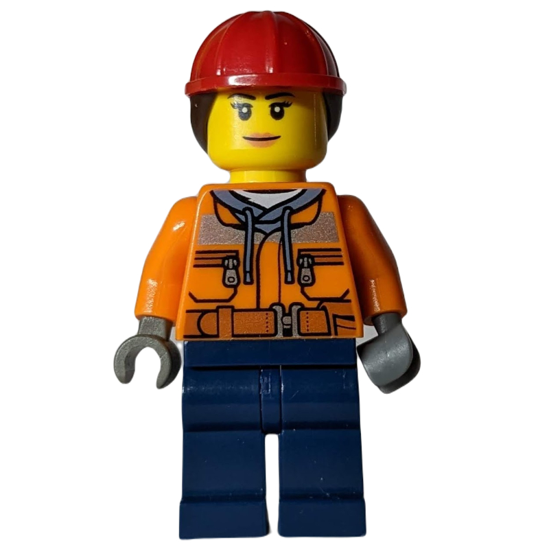 Ouvrier de chantier, femme, veste de sécurité sur sweat à capuche avec ceinture, jambes bleu foncé, casque de chantier rouge avec cheveux (Construction Worker, Woman, Safety Jacket over Hoodie with Belt, Dark Blue Legs, Red Hard Hat with Hair)