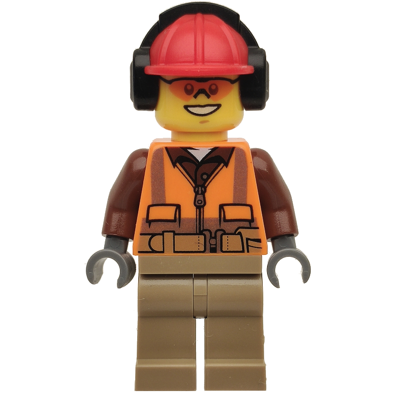 Vol travailleur de la construction, gilet de sécurité orange avec fermeture éclair sur chemise brun rougeâtre, jambes beige foncé, casque de chantier rouge avec protecteurs d'oreille, lunettes de sécurité orange (Construction Worker Rob, Orange Safety Vest with Zipper over Reddish Brown Shirt, Dark Tan Legs, Red Hard Hat with Ear Defenders, Orange Safety Glasses)