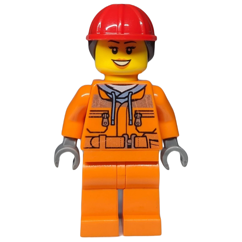 Ouvrier de chantier, femme, veste de sécurité sur sweat à capuche avec ceinture, jambes orange, casque de chantier rouge avec cheveux (Construction Worker, Woman, Safety Jacket over Hoodie with Belt, Orange Legs, Red Hard Hat with Hair)