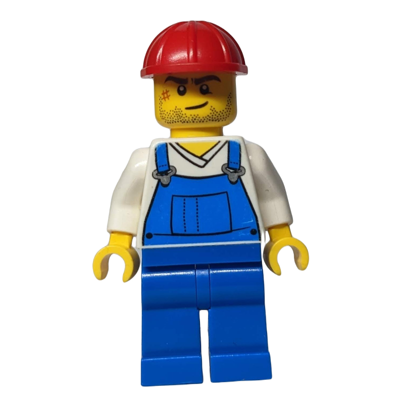 Homme, salopette bleue sur chemise blanche à col en V, casque de chantier rouge, barbe naissante et cicatrice (3626c tête) (Man, Blue Overalls over White V-Neck Shirt, Red Hard Hat, Stubble and Scar (3626c Head))