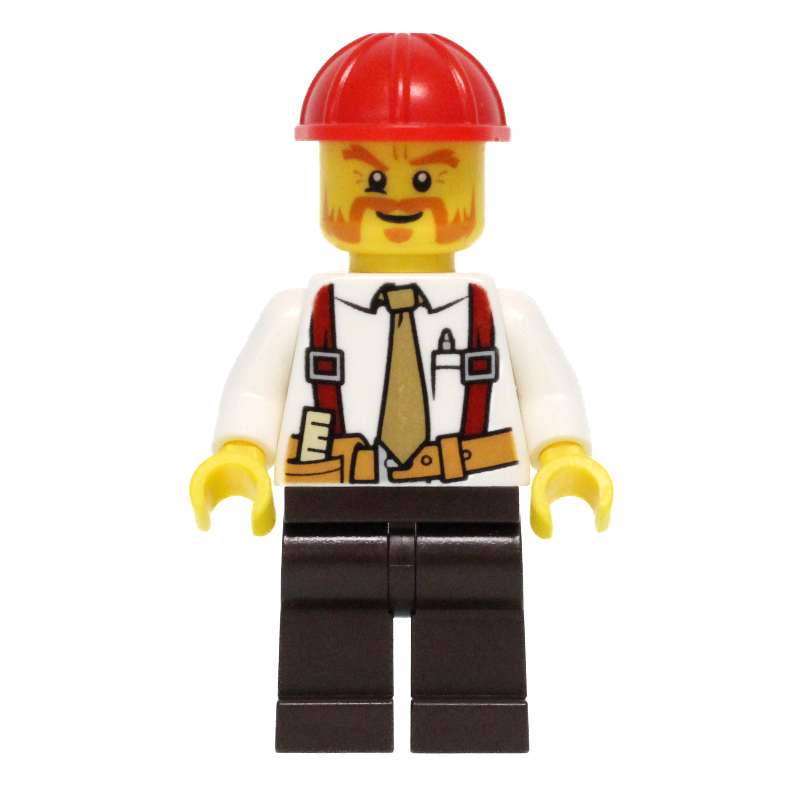 Ouvrier de chantier, chemise blanche avec cravate et bretelles, casque de chantier rouge, favoris épais et moustache (Construction Worker, White Shirt with Tie and Suspenders, Red Hard Hat, Mutton Chops and Moustache)