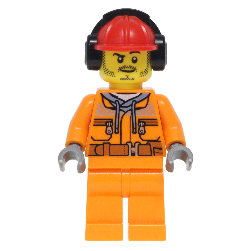 Ouvrier de chantier, veste de sécurité sur sweat à capuche avec ceinture, jambes orange, casque de chantier rouge avec protections auditives, barbe naissante (Construction Worker, Safety Jacket over Hoodie with Belt, Orange Legs, Red Hard Hat with Ear Defenders, Stubble)